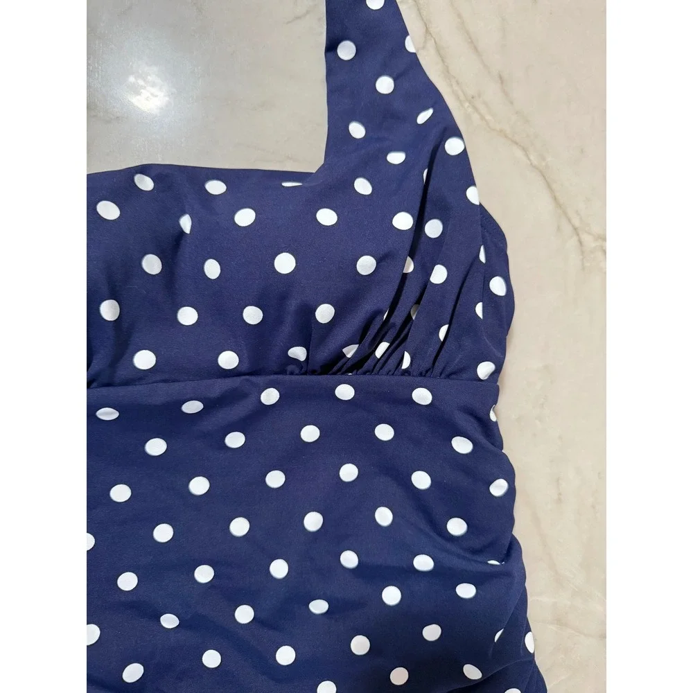 Lands End Navy Blue Polka Dot Halter Tankini Top Ruched Swimwear Womens Size 6